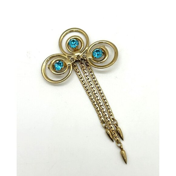 Estate Jewelry - Vintage Gold-Tone Brooch With Aqua Blue Rhinestones & Dangle Chains 1950-60s